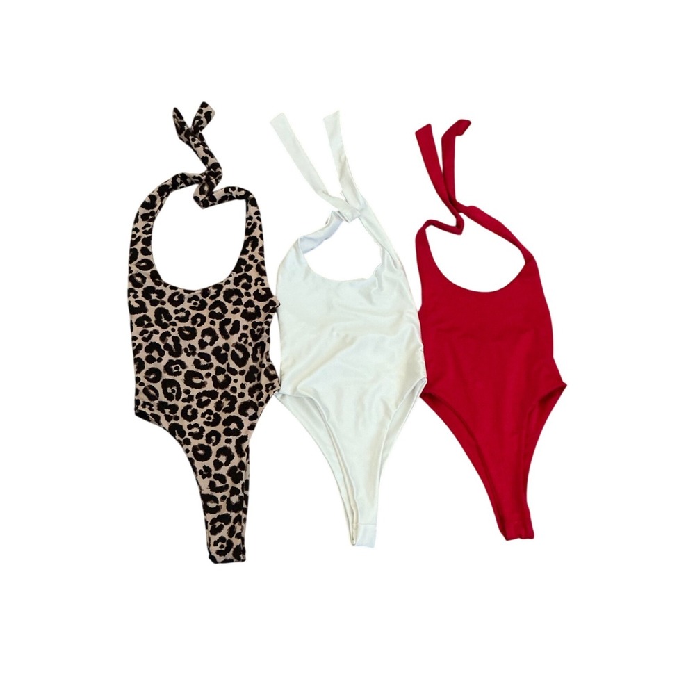 PrettyLittleThing Womens‎ Halter Bodysuit Bundle Red White Leopard Print Size 2